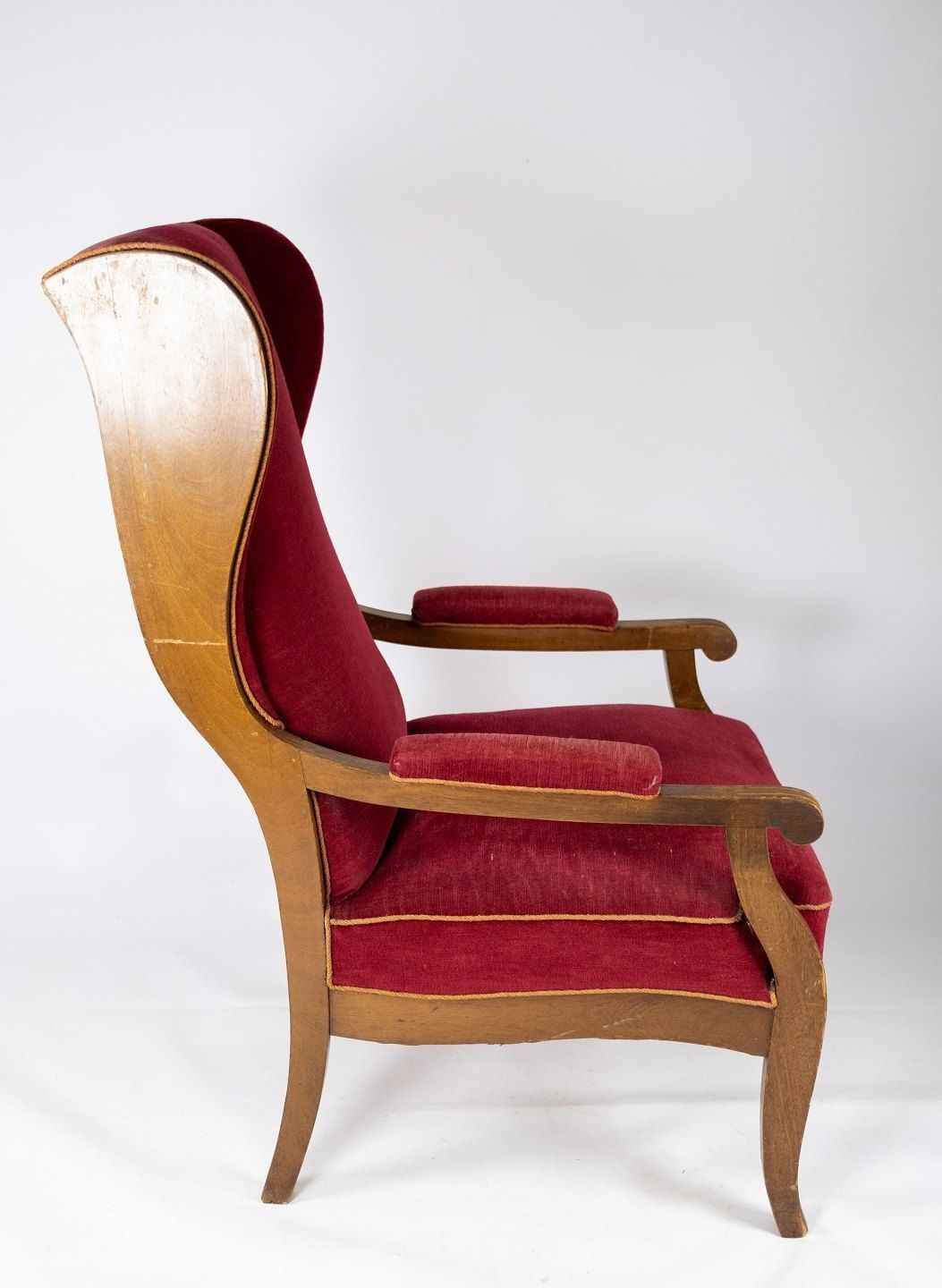 Armchair Upholstered With Red Velor Fabric And Mahogany Designed By Fritz Henningsen. photo vinterior