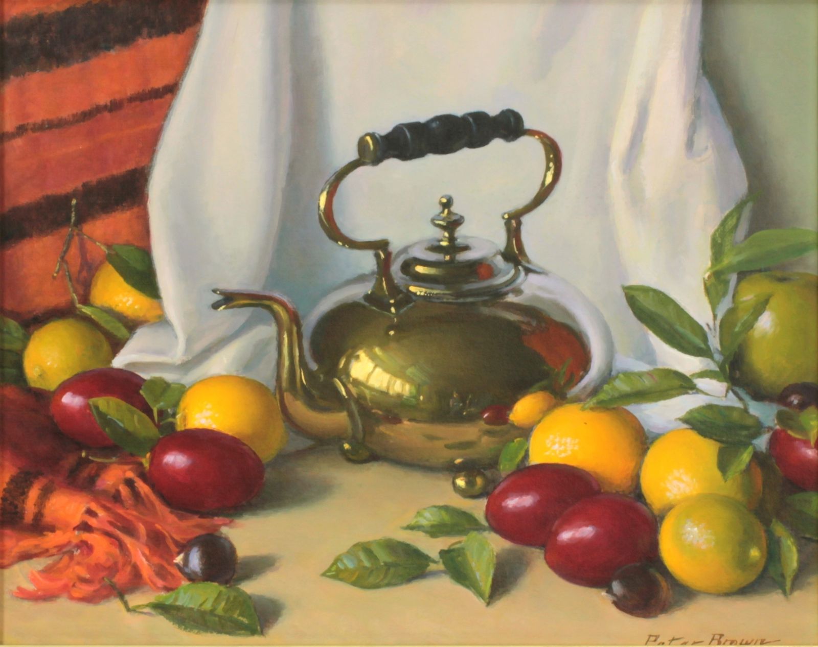 Oil On Board By Peter Brown. Still Life, "The Brass Teapot" photo furniture