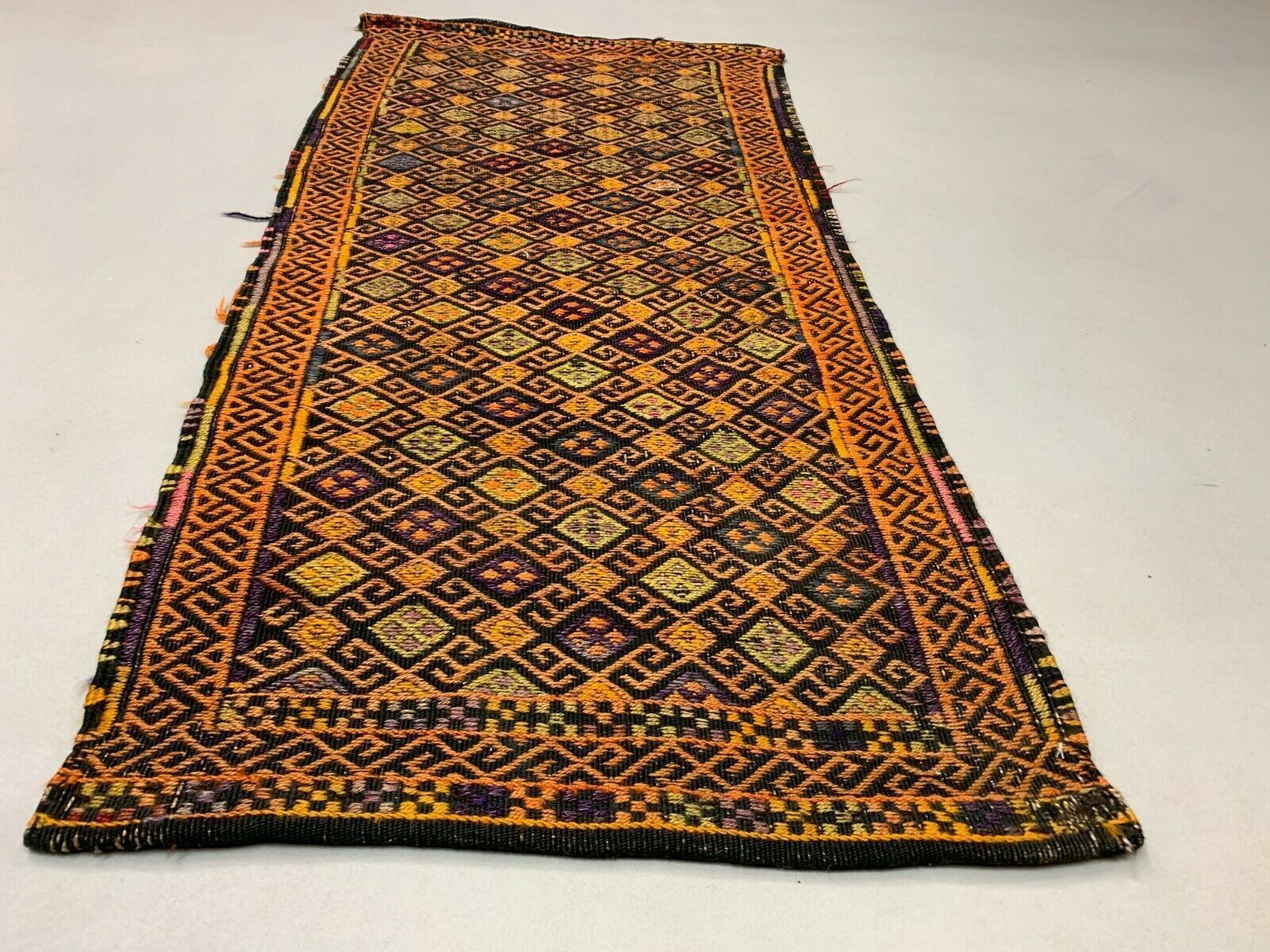Turkish Mini Kilim 120x58 Cm Shabby Wool Small Kelim Rug, Red Black Gold photo for sale