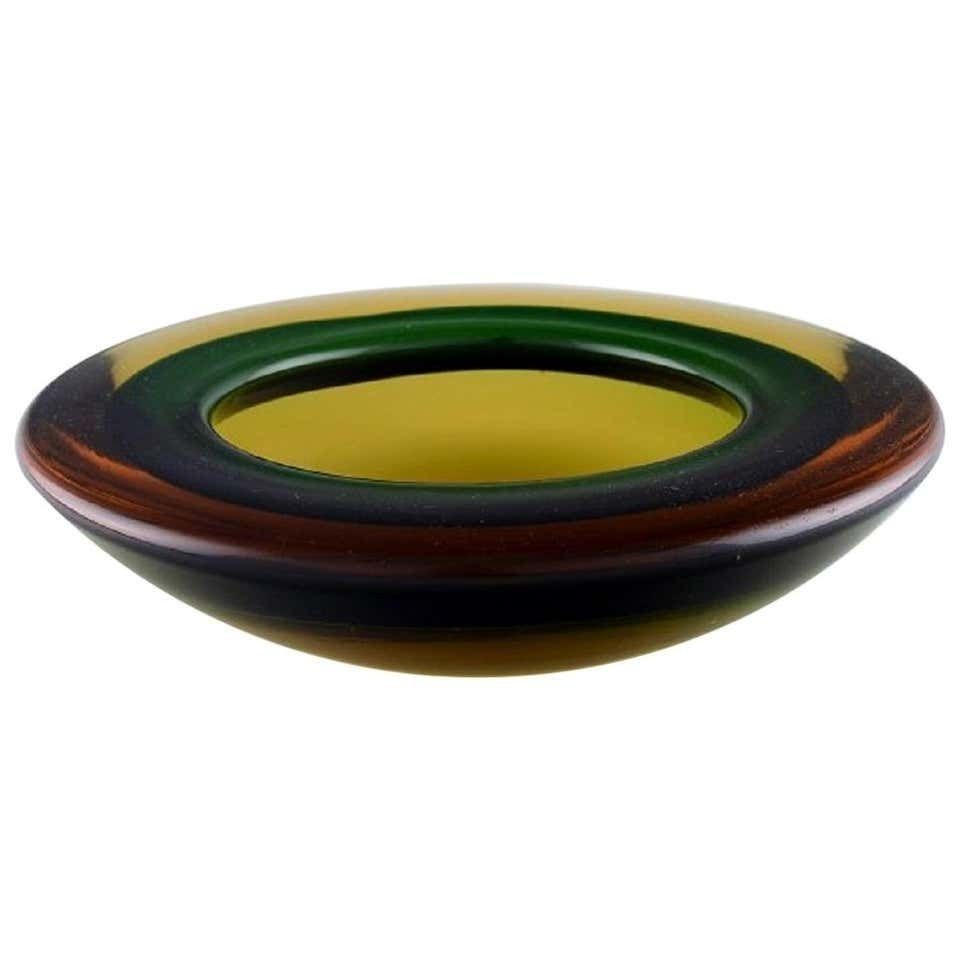 Murano Bowl In Mouth Blown Art Glass In Amber And Green Yellow Shades, 1960s