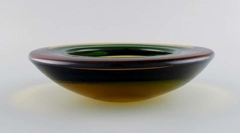 Murano Bowl In Mouth Blown Art Glass In Amber And Green Yellow Shades, 1960s photo furniture