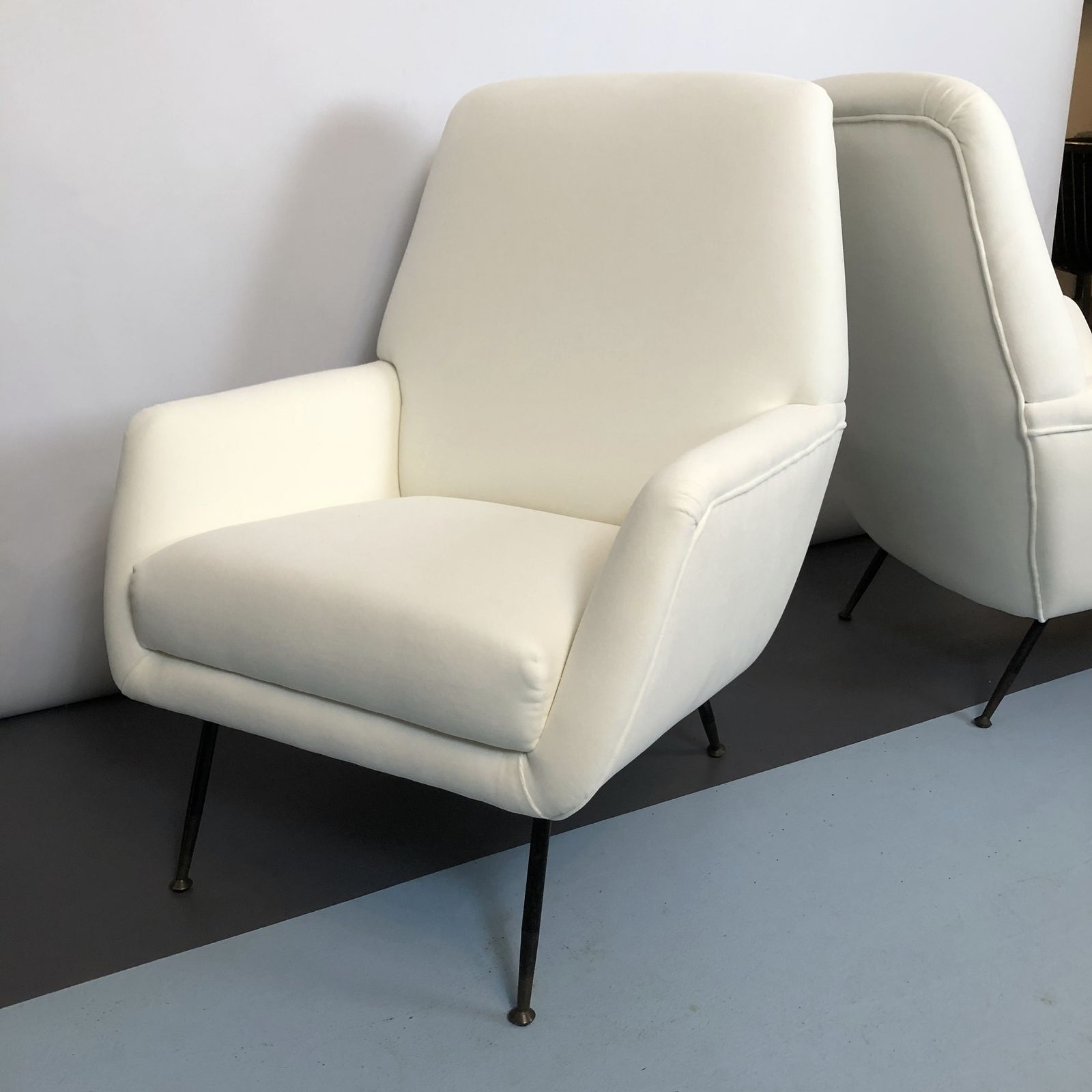 photo for sale Mid Century Italian Warm White Velvet Armchairs From 50s. Set Of Two