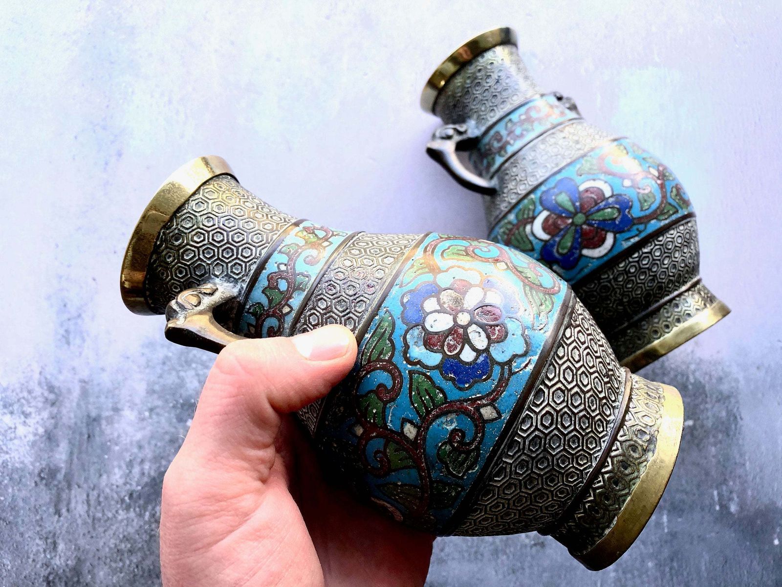 Pair Of 19th Century Antique Chinese Enamel Cloisonné Brass Vases photo vintage