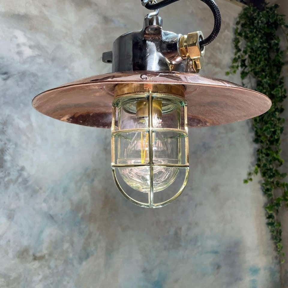 Copper And Iron Ceiling Light With Cage   Original Industrial Style Metal Ceiling Lighting photo for sale