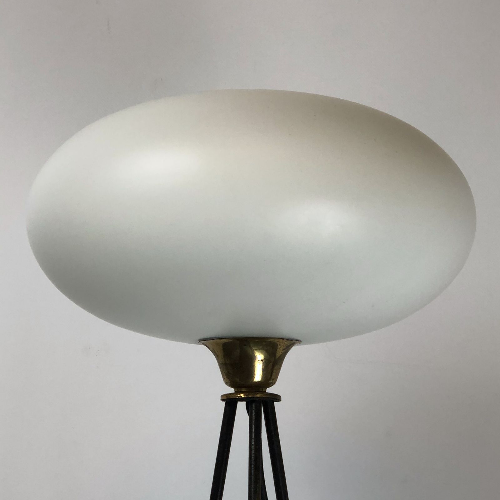 Stilnovo, Iconic Italian Brass, Lacquer And Triplex Opaline Glass Tripod Lamp From 50s photo furniture