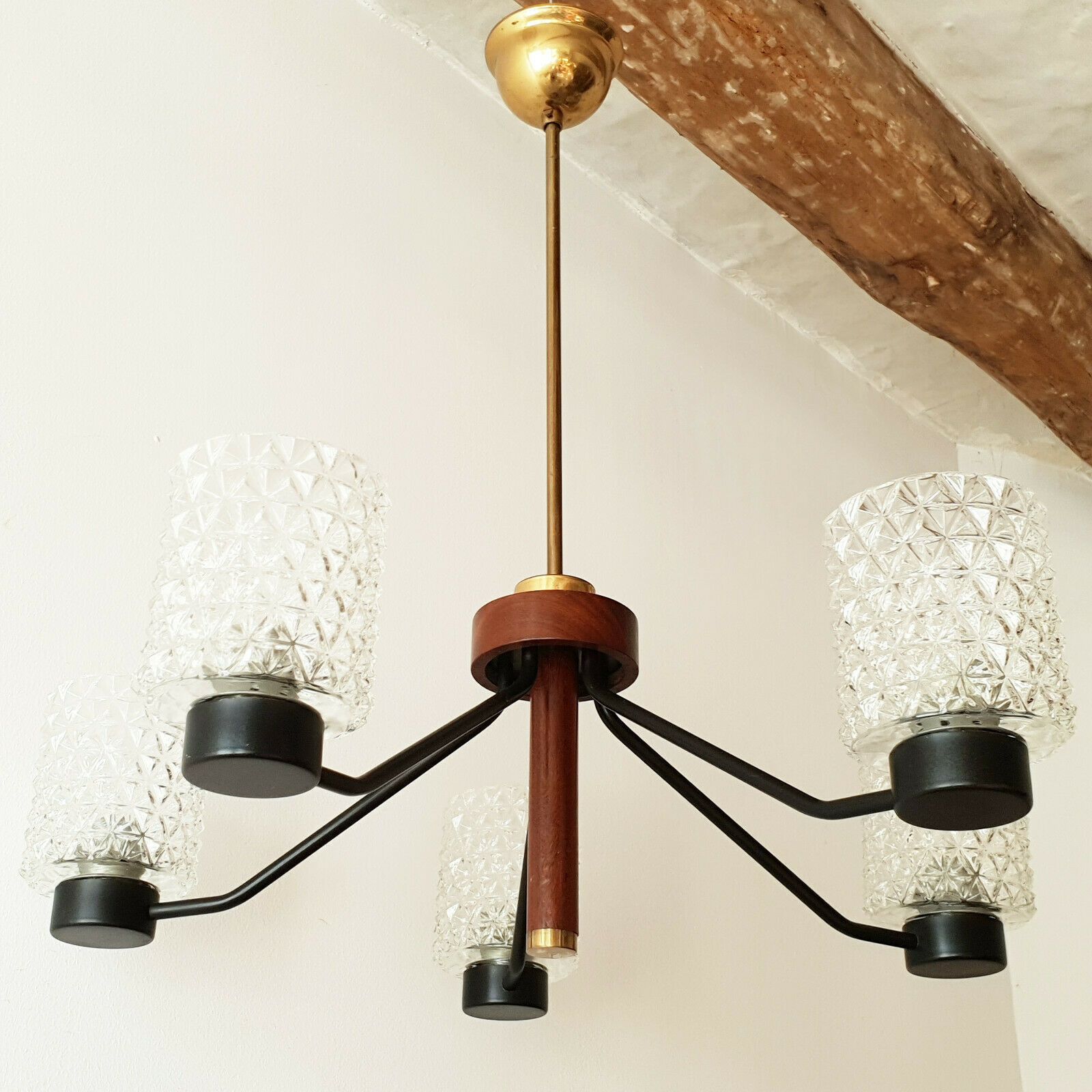 Vintage 1960 Scandinavian Ceiling Chandelier In Teak, Brass, Glass, Steel 1960s