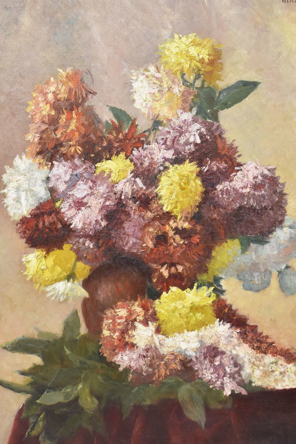 Flower Painting, Peonies Flower Art, Still Life Floral, Oil On Canvas, 19th Century. (Qf158) photo furniture