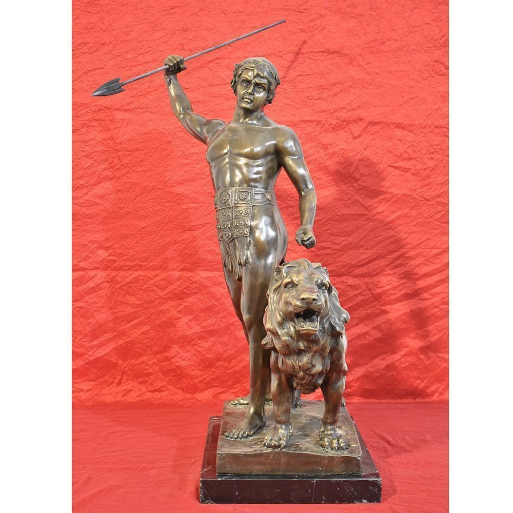 Antique Bronze Sculpture, Warrior And Lion With Spear, Signed Barye, 19th Century. (Stb39)
