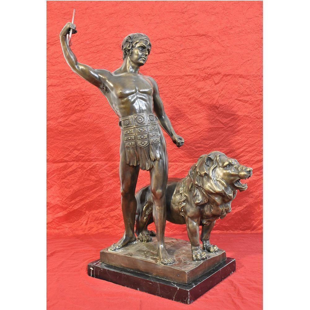 Antique Bronze Sculpture, Warrior And Lion With Spear, Signed Barye, 19th Century. (Stb39) photo furniture