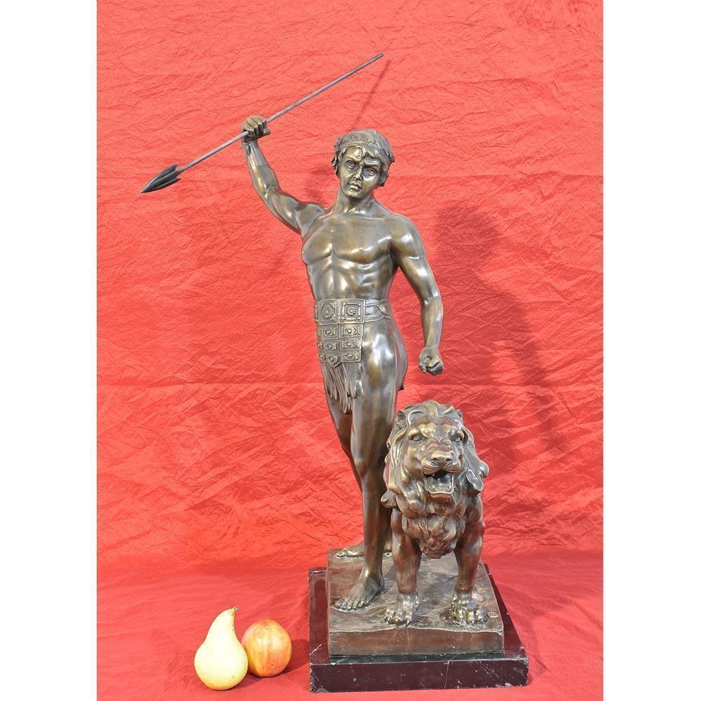 Antique Bronze Sculpture, Warrior And Lion With Spear, Signed Barye, 19th Century. (Stb39) photo for sale