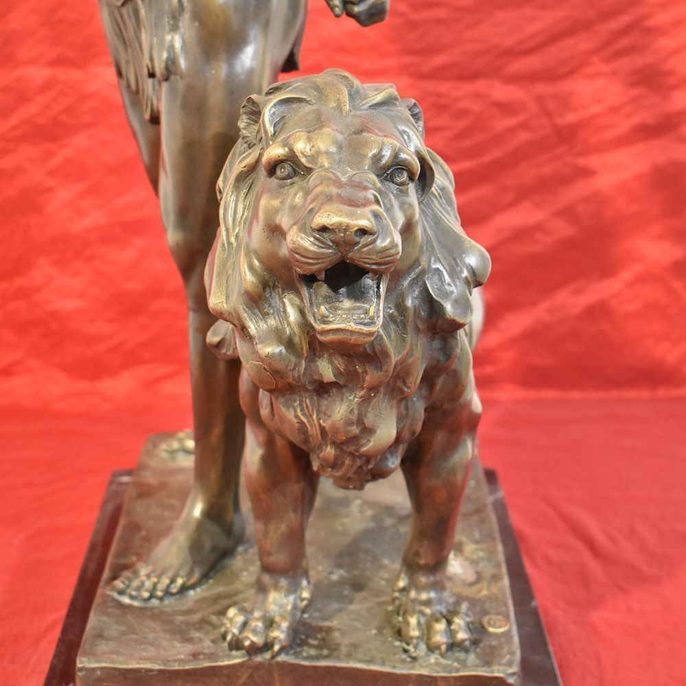 Antique Bronze Sculpture, Warrior And Lion With Spear, Signed Barye, 19th Century. (Stb39) photo buy