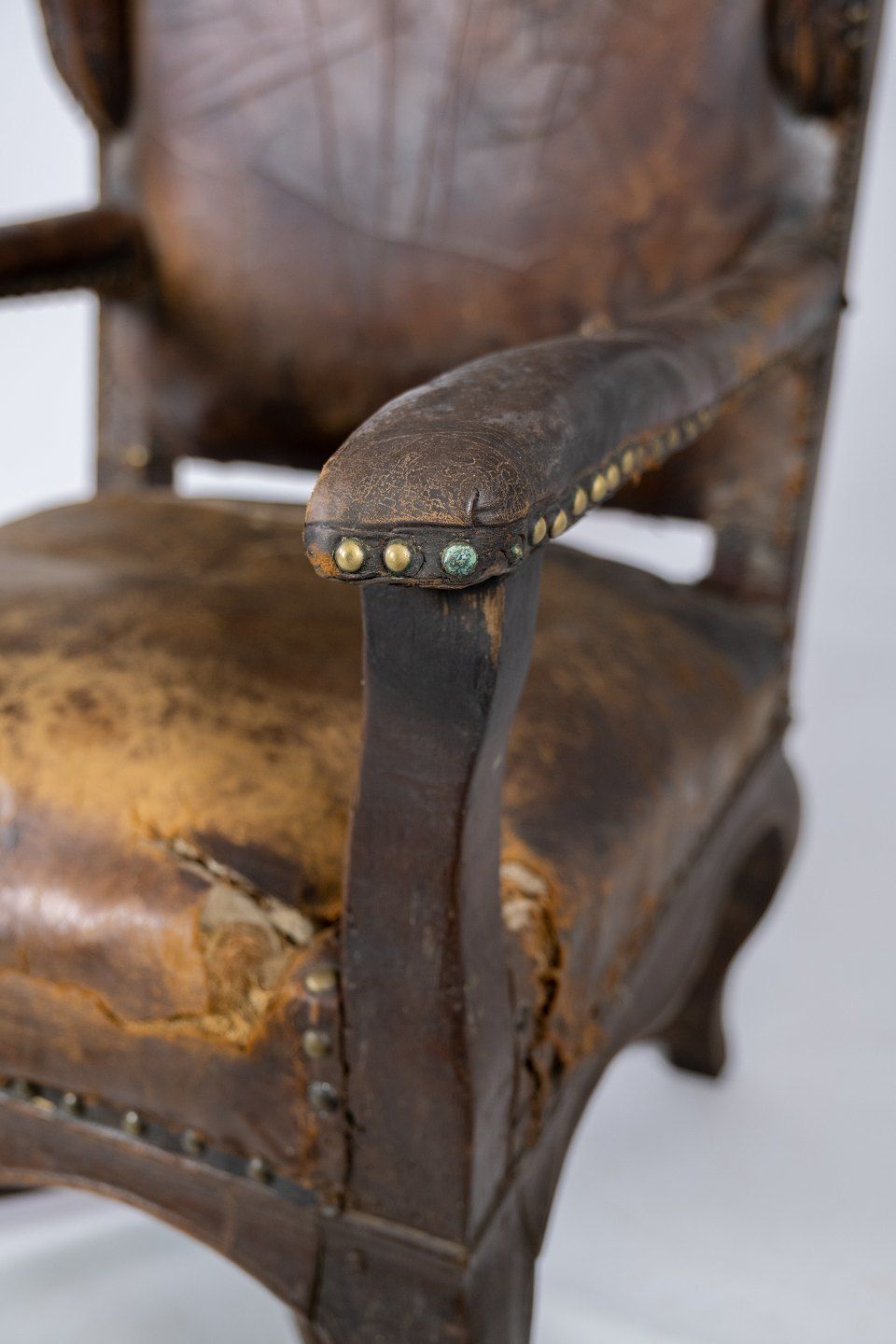 Antique Armchair With Original Dark Brown Leather, From 1790. photo for sale