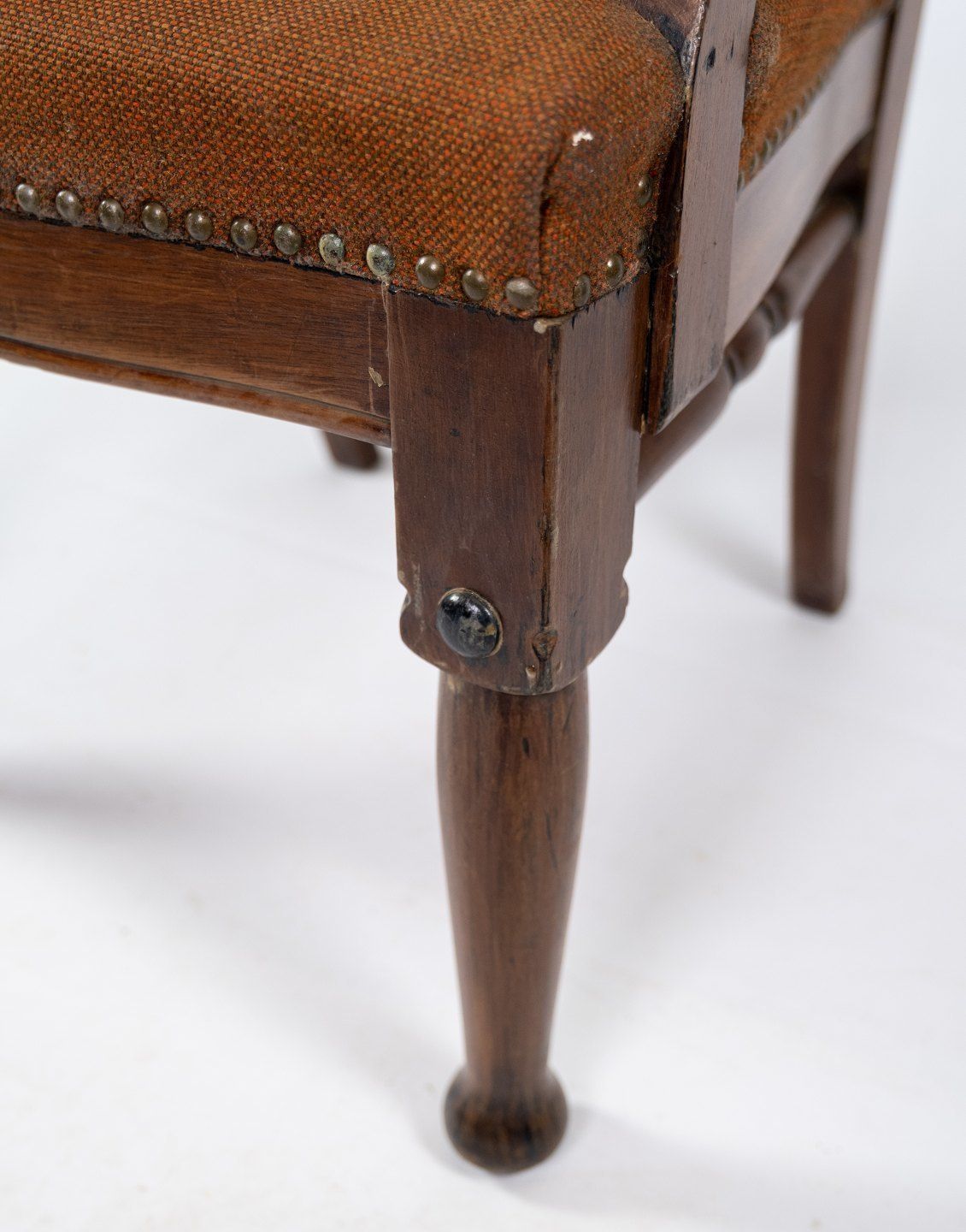 A Pair Of Antique Armchairs Of Dark Wood And Wool Fabric From The 1930s. photo buy