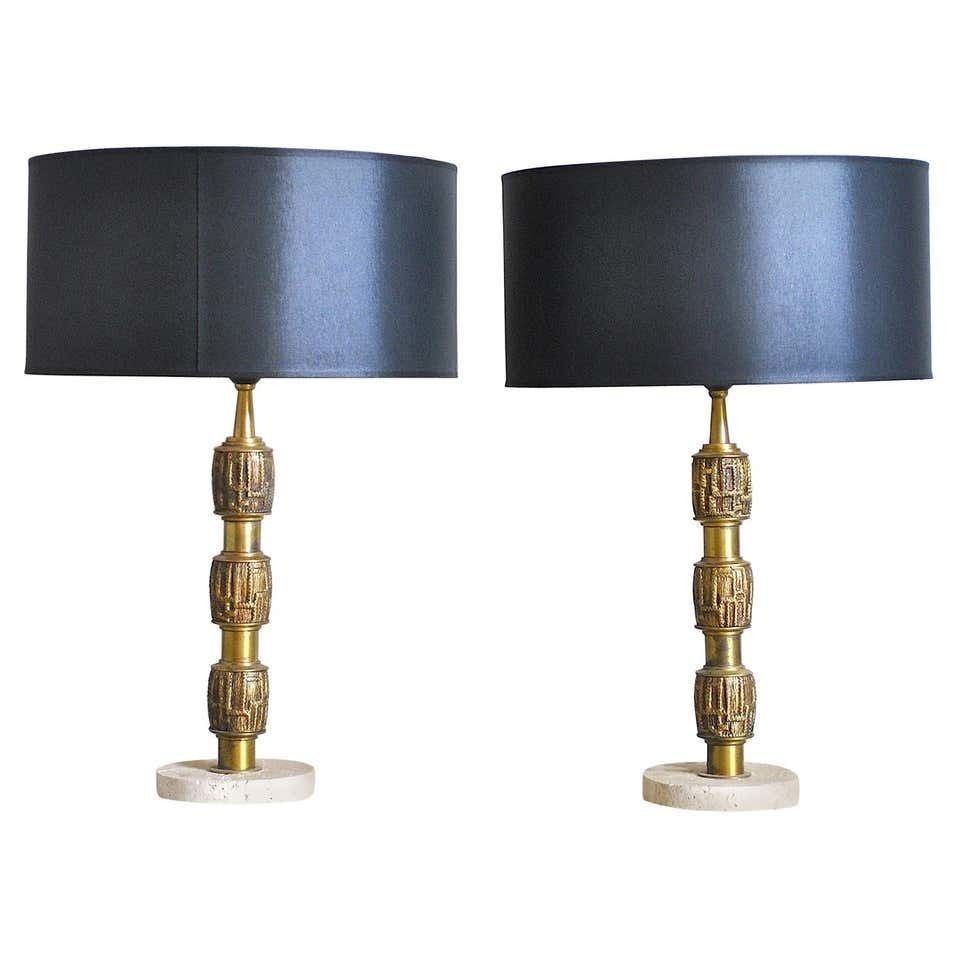 Luciano Frigerio Set Of Midcentury Table Lamps In Brass And Travertine, 1970s