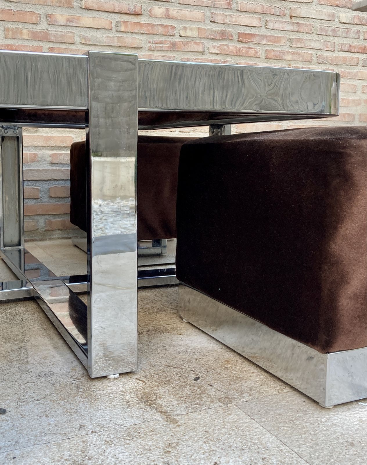 Furniture Square Smoked Glass And Steel Coffee Or Side Table With Four Nesting Stools, 1970s, Set Of 5 photo