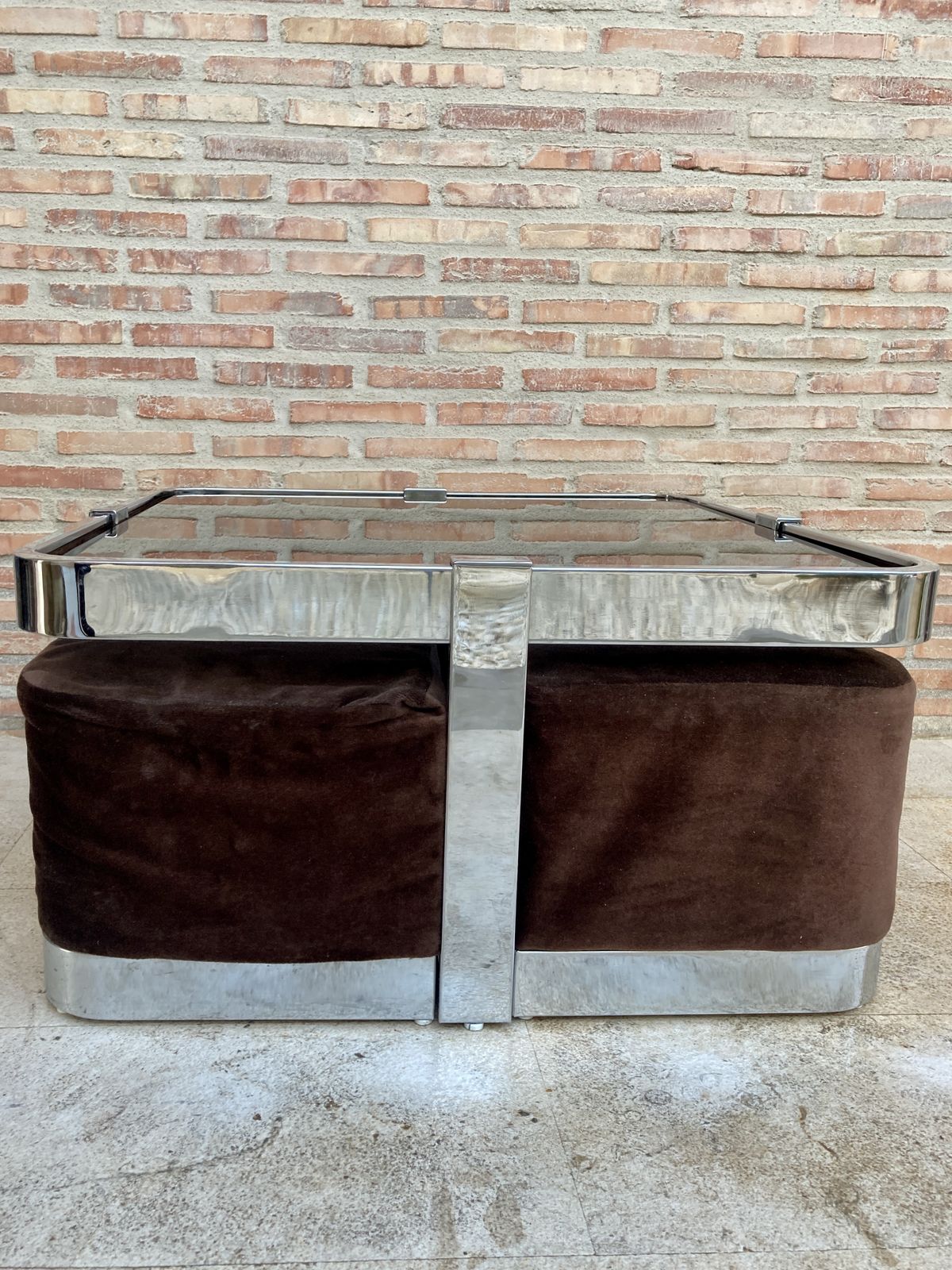 3180.0 Square Smoked Glass And Steel Coffee Or Side Table With Four Nesting Stools, 1970s, Set Of 5 photo