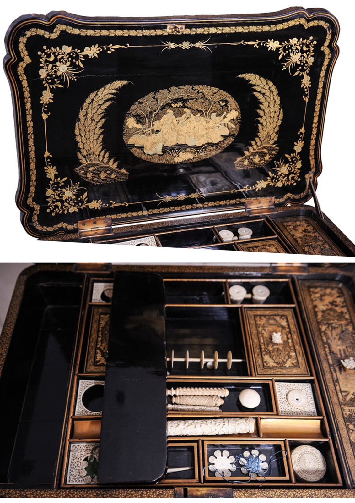 1790s Regency China Export Qing Period Chinoiserie Hand Painted Lacquered Sewing Table With Original Bone & Ivory Bobbins Ol photo Furniture