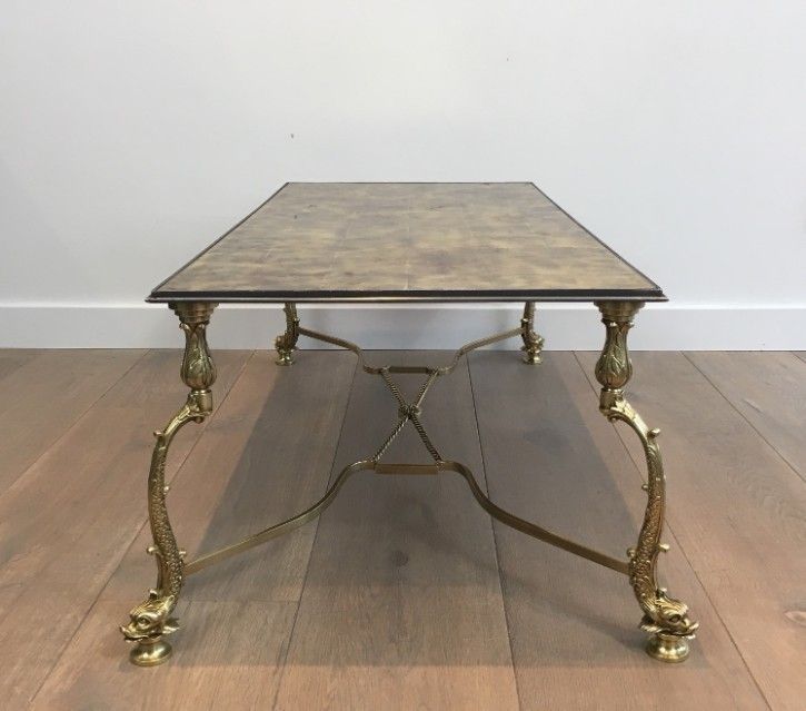 Maison Jansen. Rare Dolfins Neoclassical Brass Coffee Table With Beautiful Gold On Glass Top. French. Circa 1940 photo for sale
