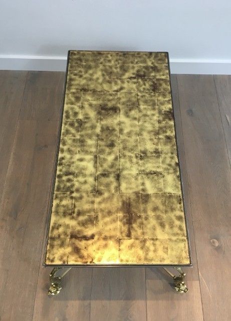 Maison Jansen. Rare Dolfins Neoclassical Brass Coffee Table With Beautiful Gold On Glass Top. French. Circa 1940 photo vinterior