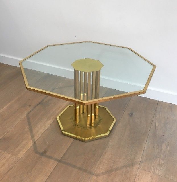 Octogonal Brass And Glass Design Coffee Table. French. Circa 1970
