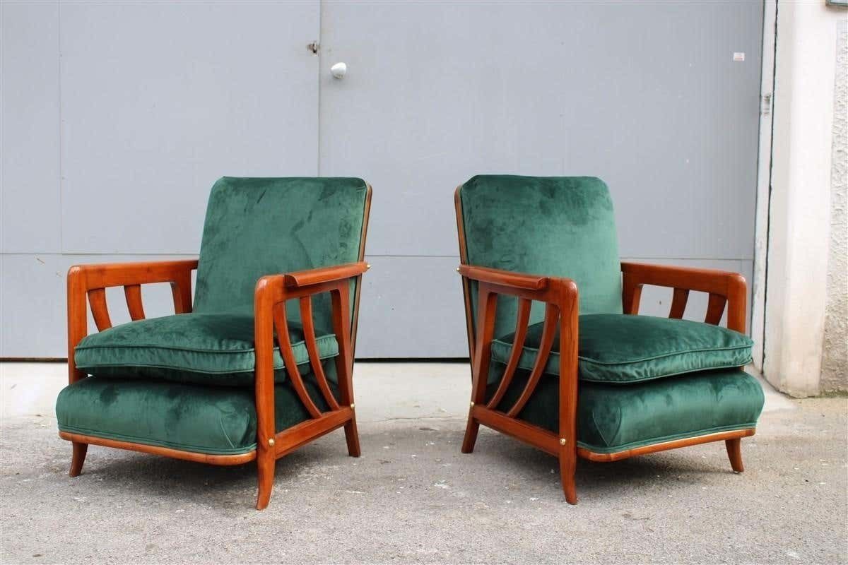 Pair Of Midcentury Italian Paolo Buffa Armchairs Cherry Velvet Green, 1950s photo furniture