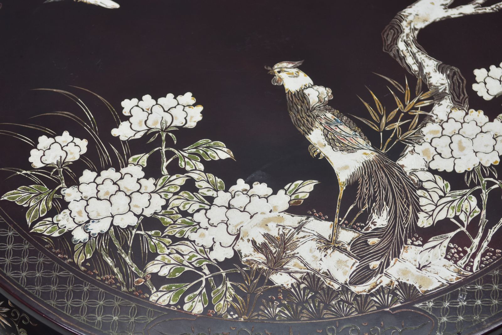 Asian Platter Coffee Table Décor With Inlaid Rooster Early 20th Century photo Furniture