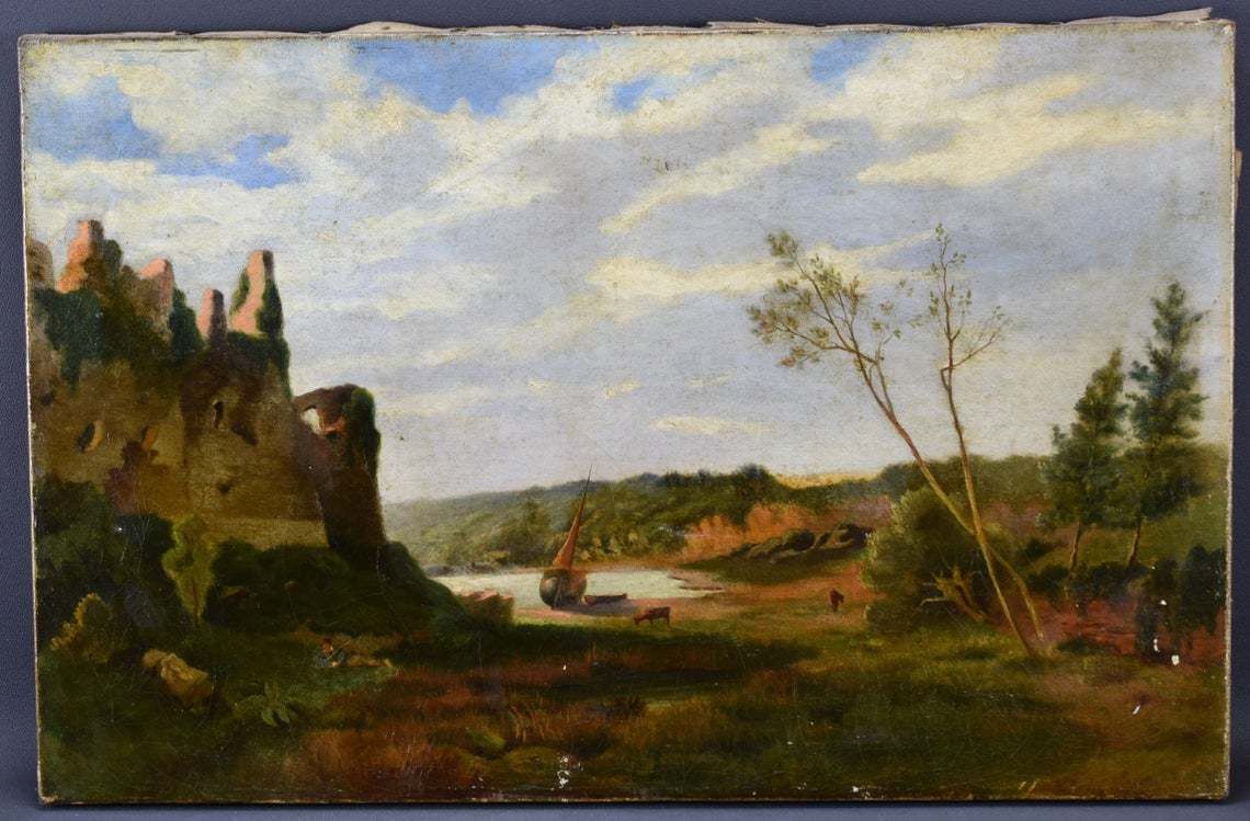 Vintage Oil Painting On Canvas Boat Pastoral Landscape French School photo furniture