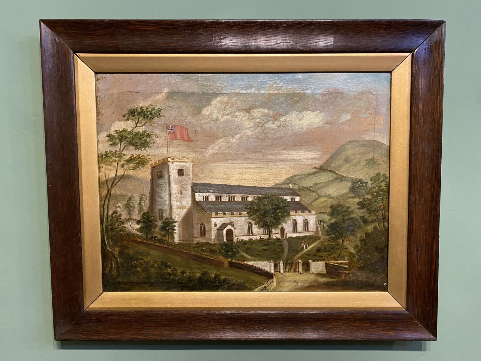 Oil Painting   19th Century Landscape Of A Church Flying The "Red Duster"