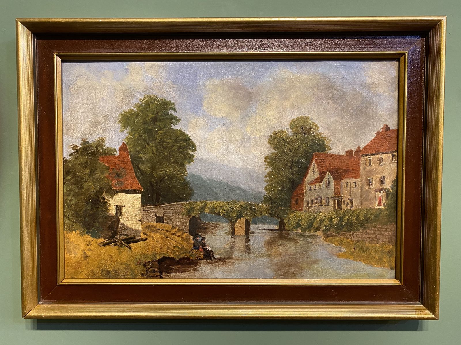 Oil Painting   19th Century Scene With Figures On A Riverbank Oil On Canvas