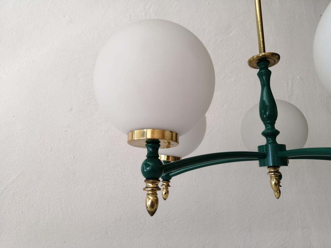 Exceptional Opal Glass Atomic Balls & Green Metal And Brass Body 5 Armed Chandelier   1970s Germany photo buy