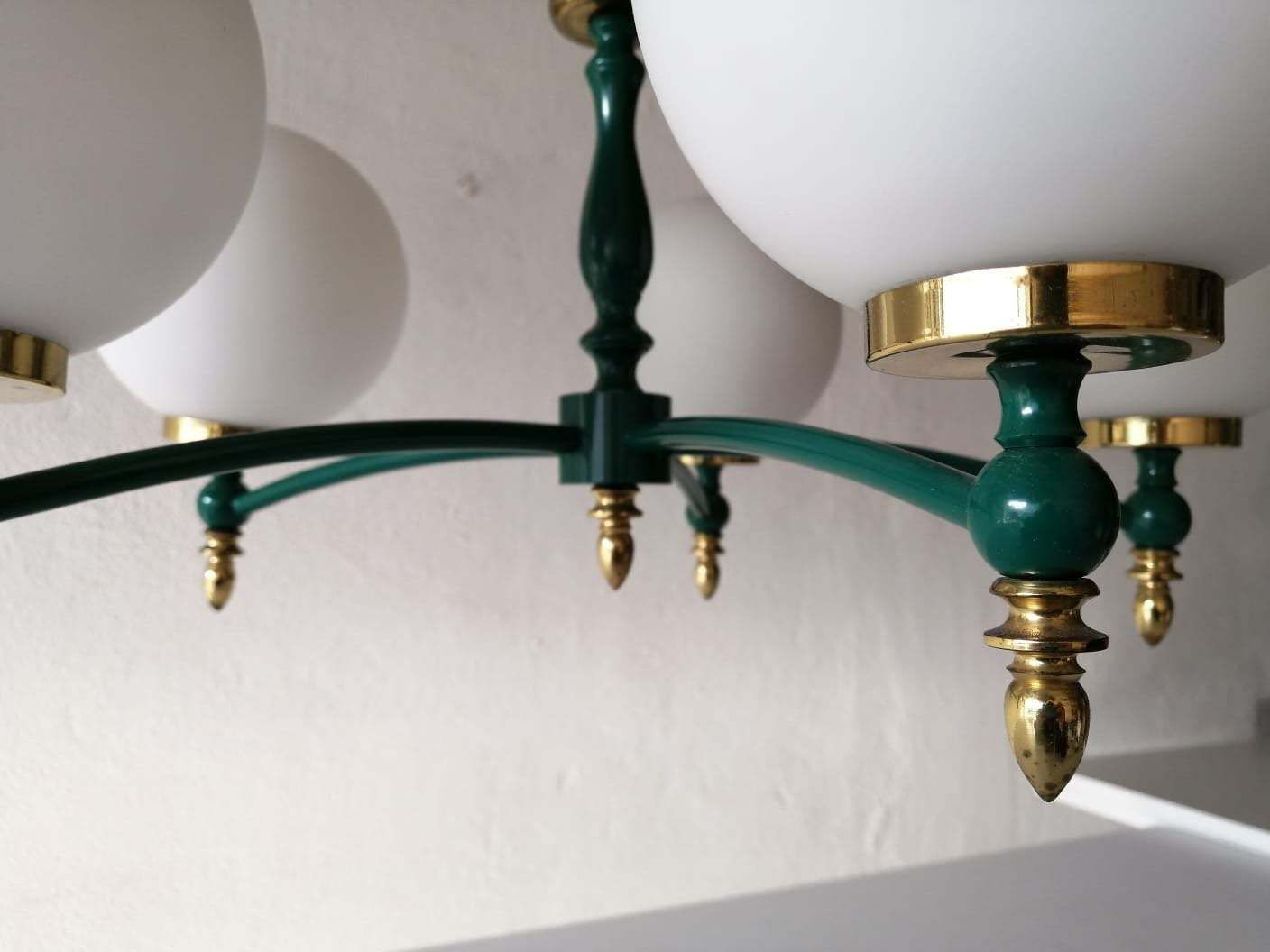 Exceptional Opal Glass Atomic Balls & Green Metal And Brass Body 5 Armed Chandelier   1970s Germany photo vintage