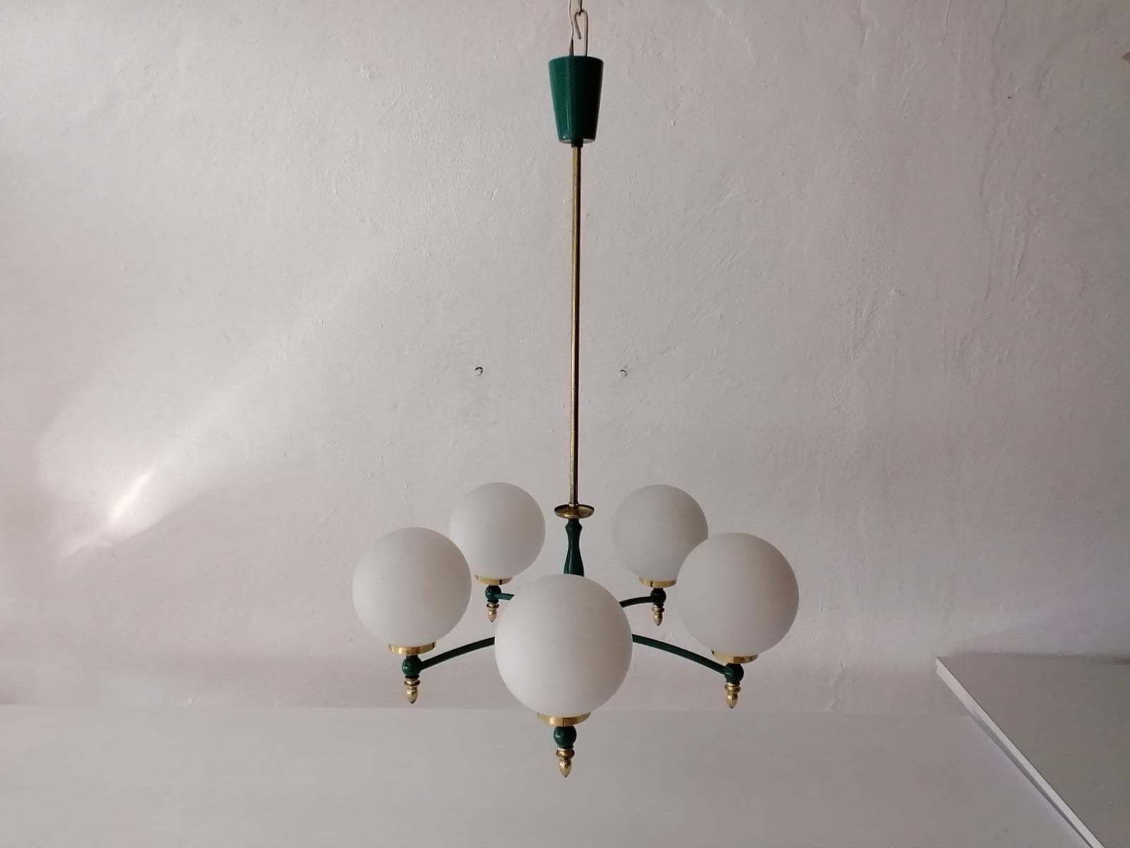 photo for sale Exceptional Opal Glass Atomic Balls & Green Metal And Brass Body 5 Armed Chandelier   1970s Germany
