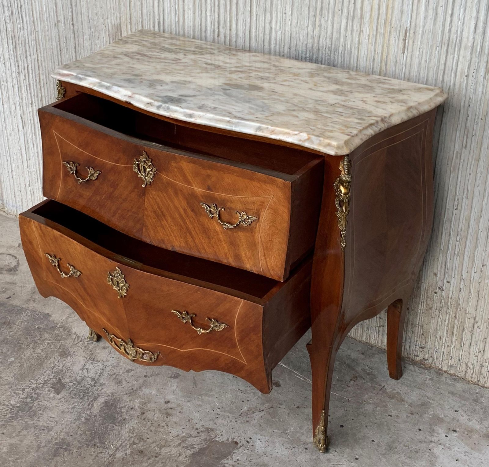 20th Century French Louis XV Marble Top Bombe Chest Or Commode With Two Drawers photo Furniture