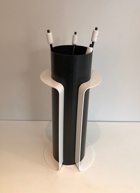 Black And White Lacquered Design Fire Place Tools On Stand. French. Circa 1980