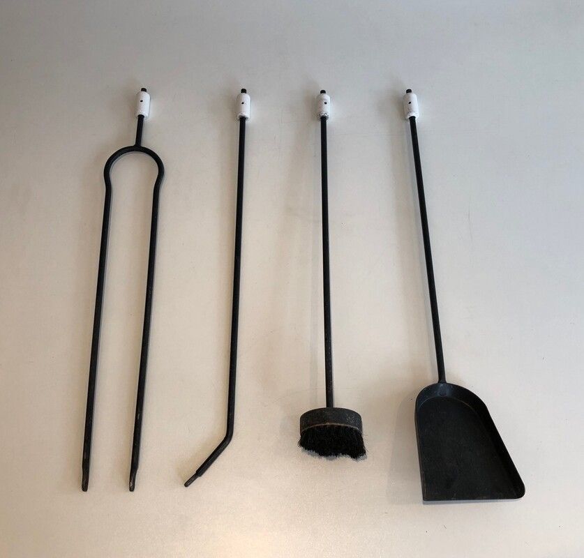 Black And White Lacquered Design Fire Place Tools On Stand. French. Circa 1980 photo vintage