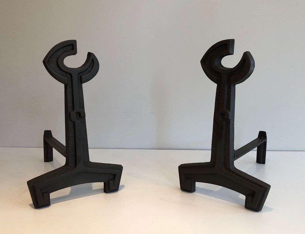 Pair Of Cast Iron And Wrought Iron Flat Key Andirons. French. Circa 1950 photo furniture