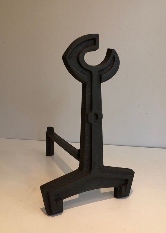 Pair Of Cast Iron And Wrought Iron Flat Key Andirons. French. Circa 1950 photo 950.0