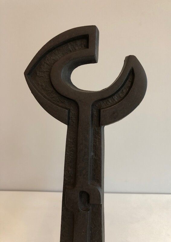Pair Of Cast Iron And Wrought Iron Flat Key Andirons. French. Circa 1950 photo buy