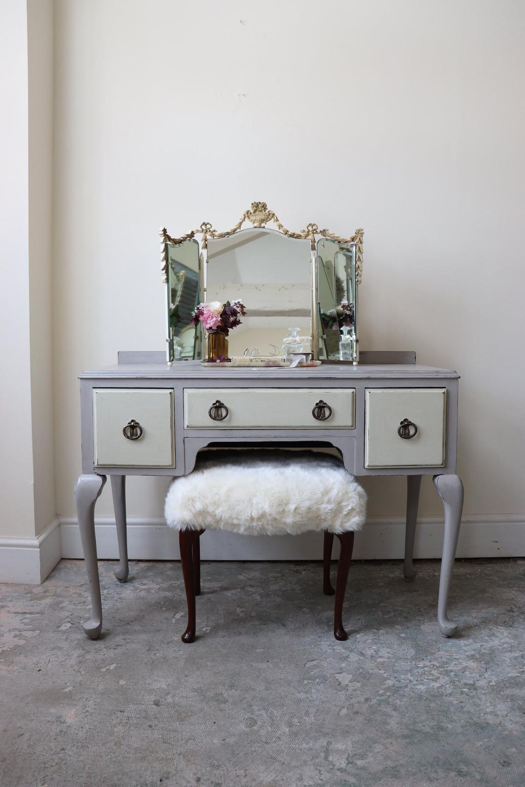 Restored Vintage 1940s Dressing Table In Pastille Grey And Linen