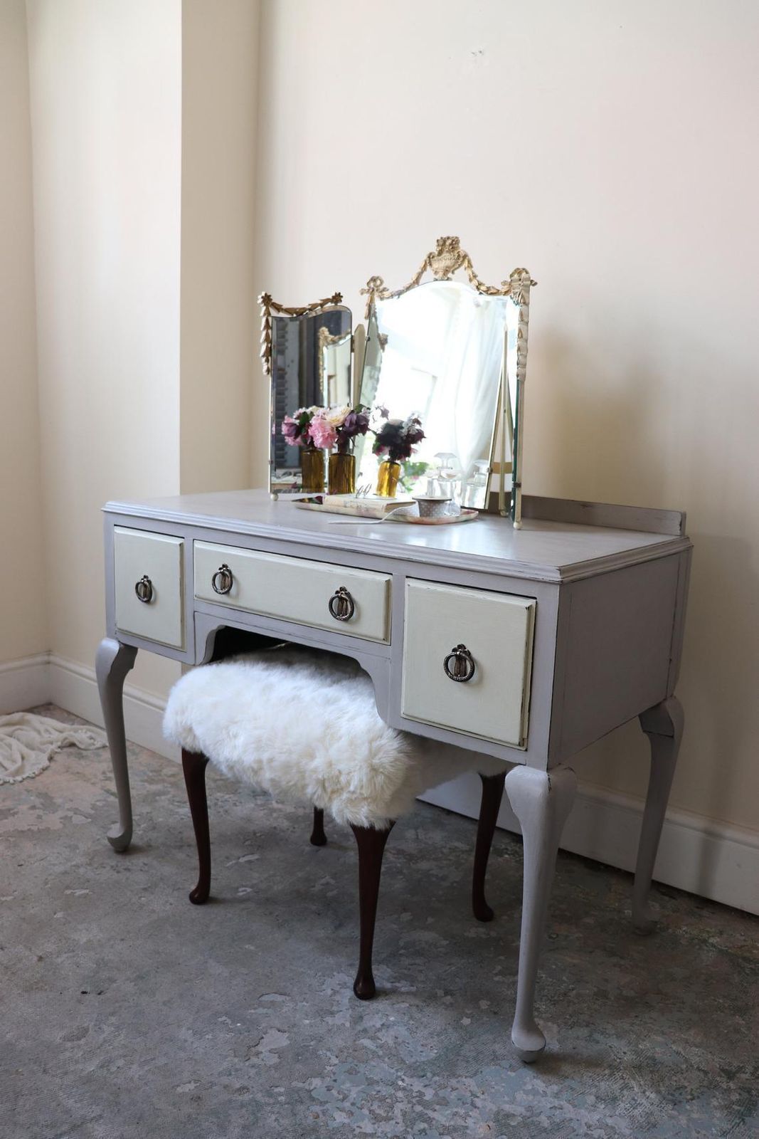 Restored Vintage 1940s Dressing Table In Pastille Grey And Linen photo furniture