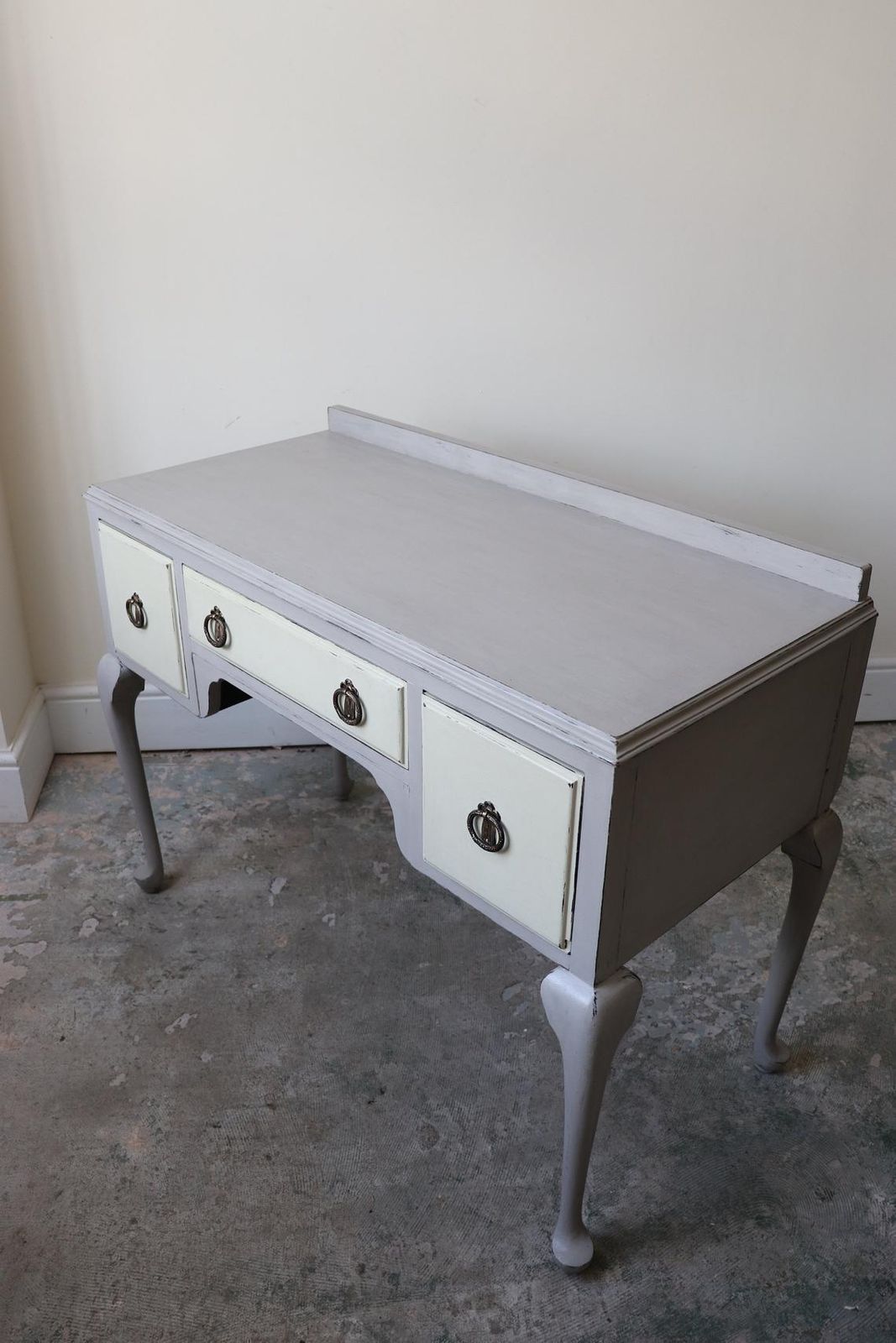 photo for sale Restored Vintage 1940s Dressing Table In Pastille Grey And Linen