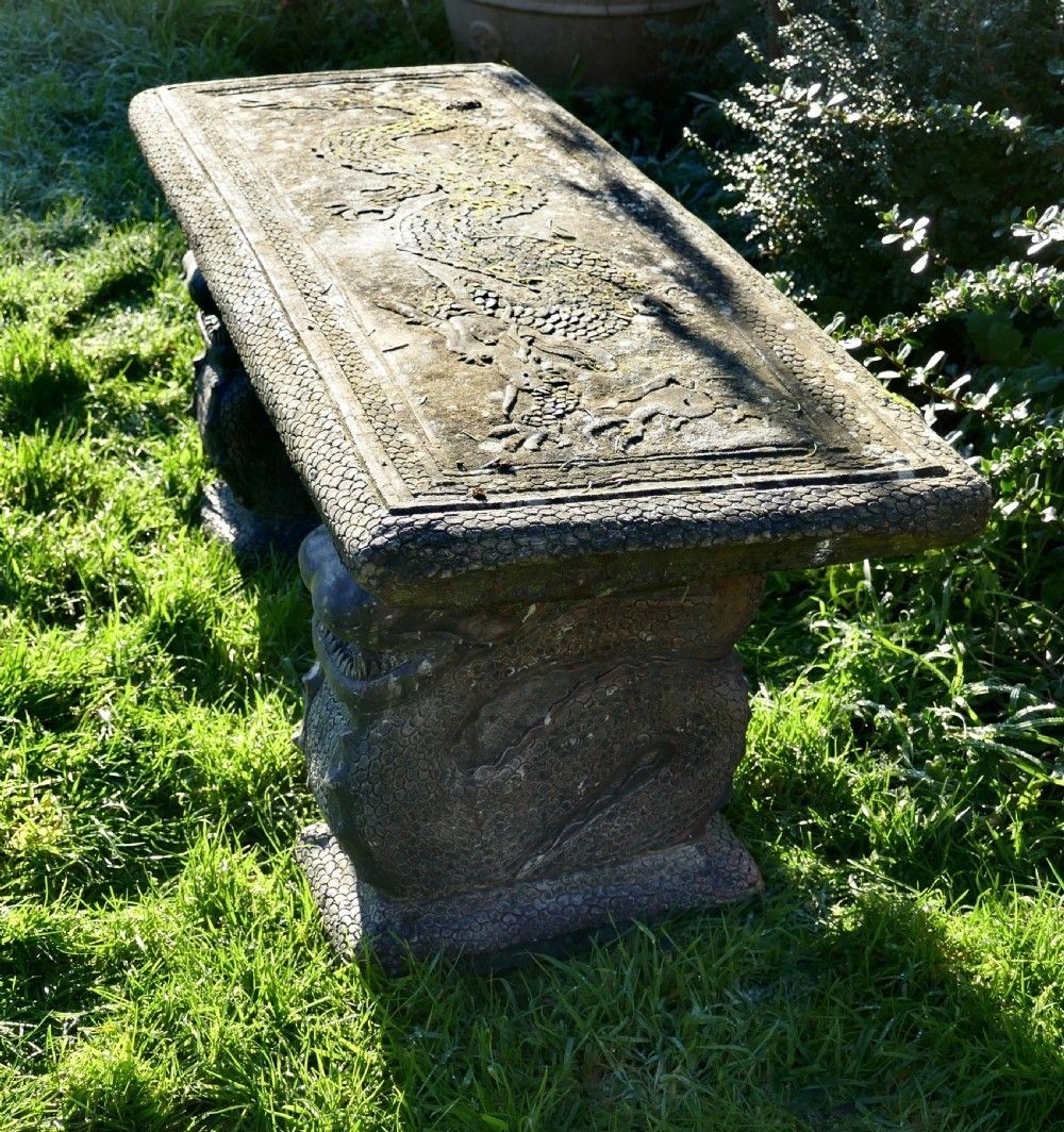 Old Weathered Oriental Cast Garden Bench, With Dragons photo buy
