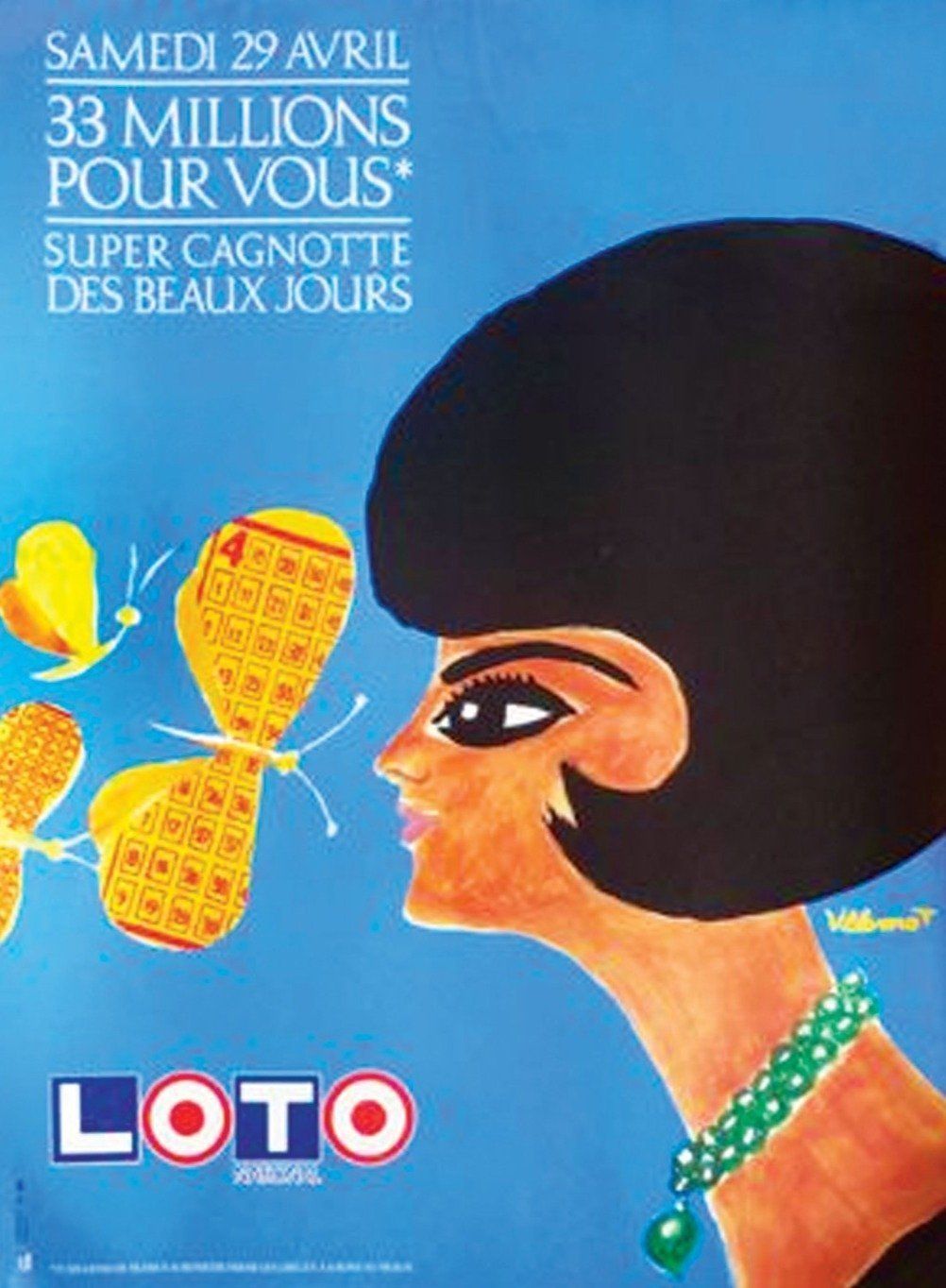 Loto   Woman With Butterflies   Villemot   Original Vintage Poster