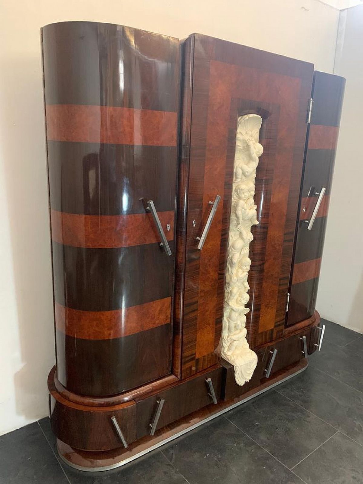 Closet In Carved Walnut And Rosewood With Lacquered Front By Ducrot, 1920s photo vinterior