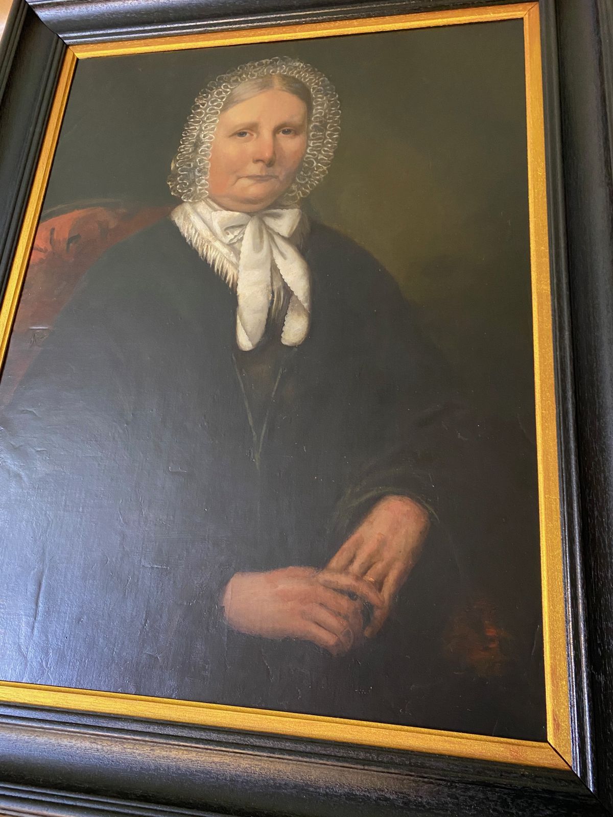Oil Painting   19th Century Oil Of A Lady Wearing A Crocheted Bonnet photo furniture