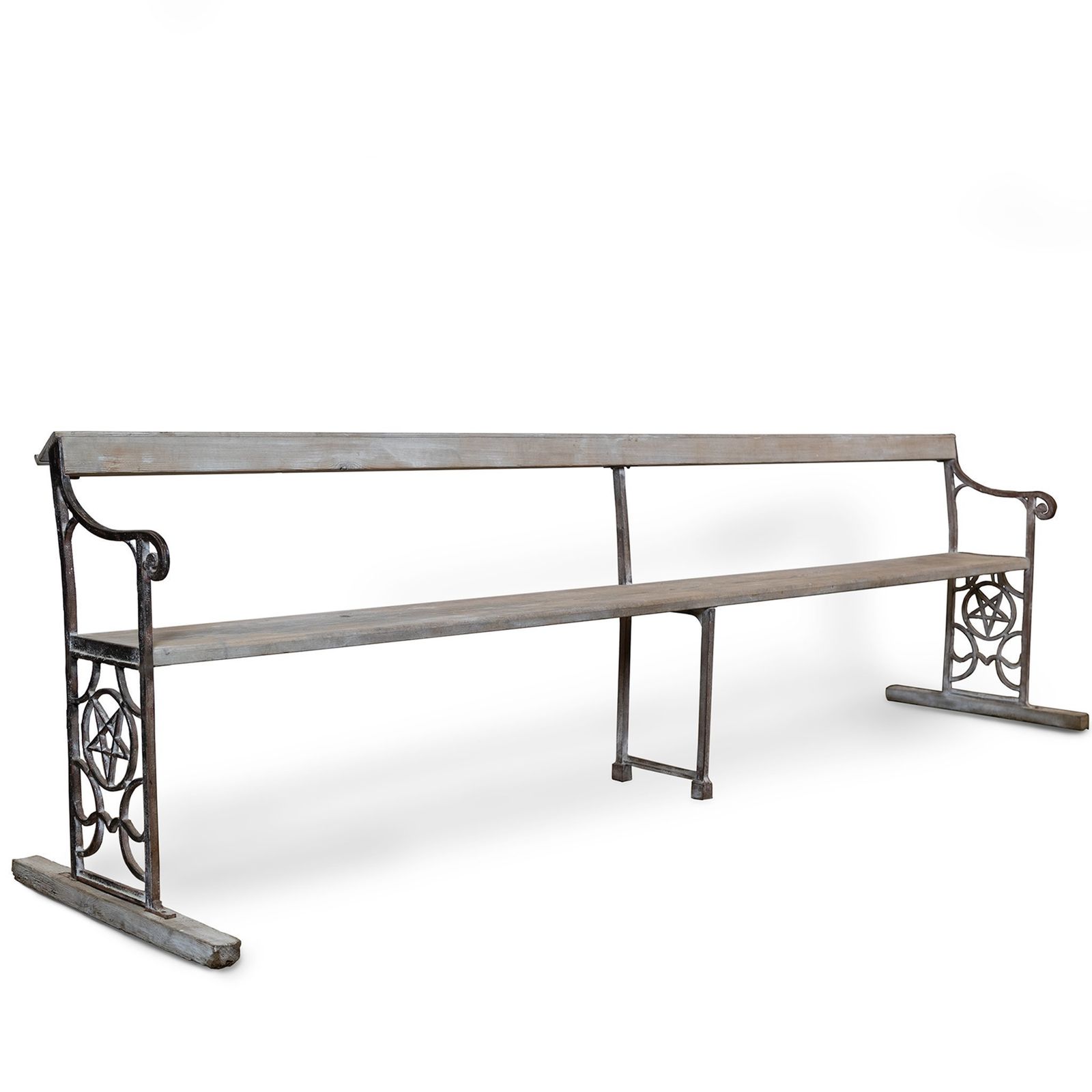 Reclaimed Cast Iron Long Bench With Pentagram