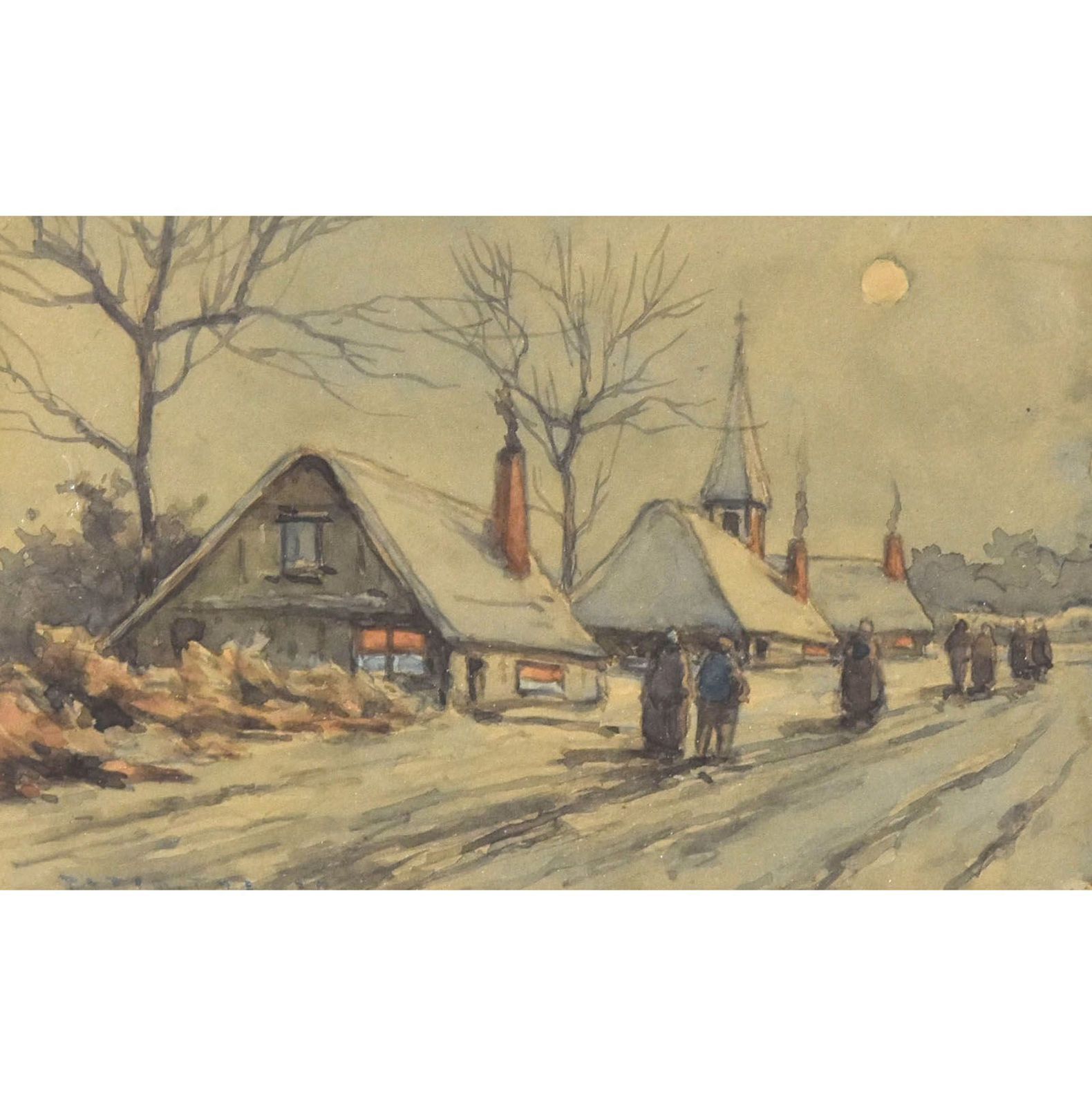 Watercolor Drawing End Of The 19th Century Snow Covered House And Characters photo furniture