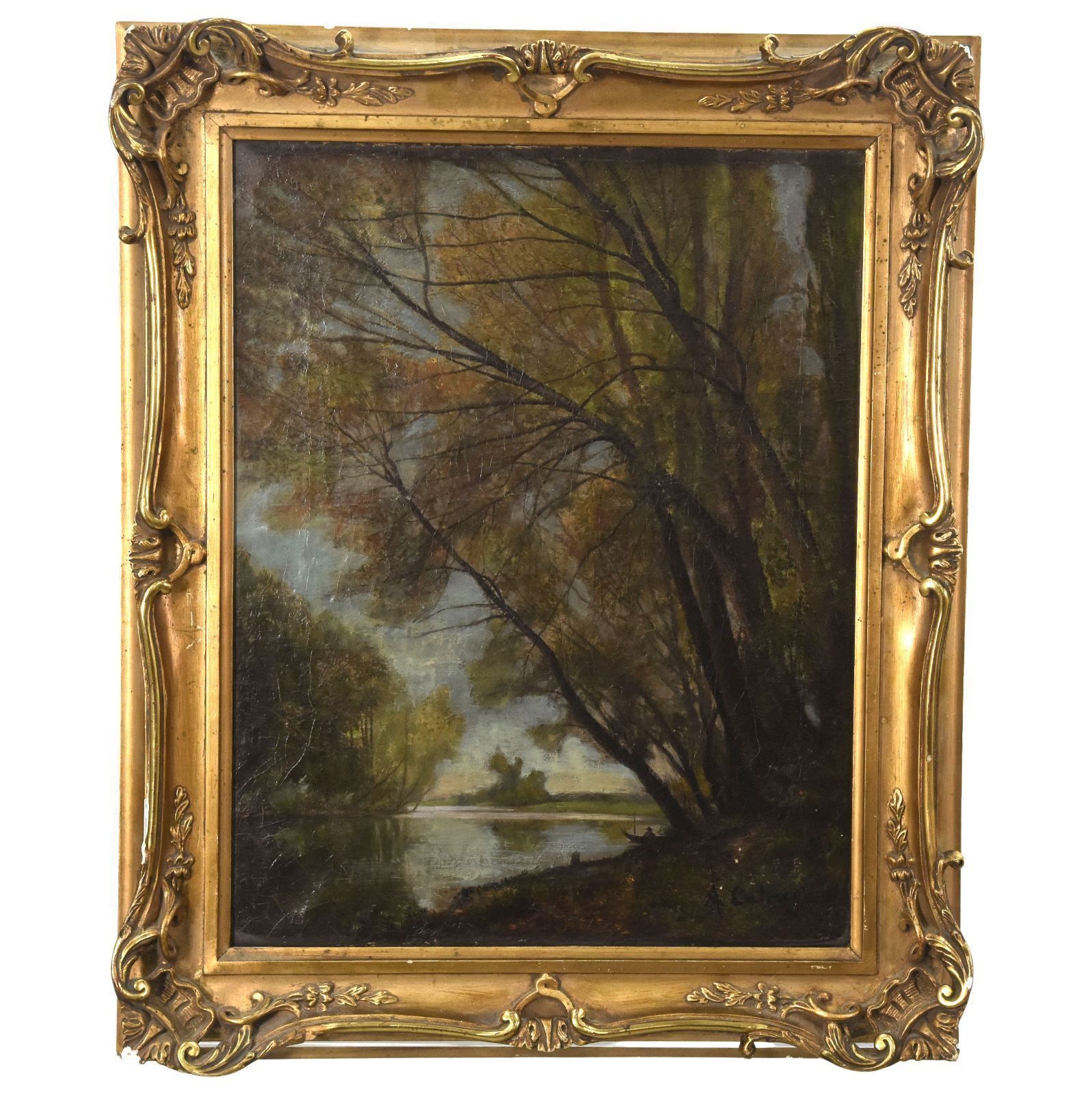 Oil Painting By The Lake Signed Cat ???? Late 19th Century