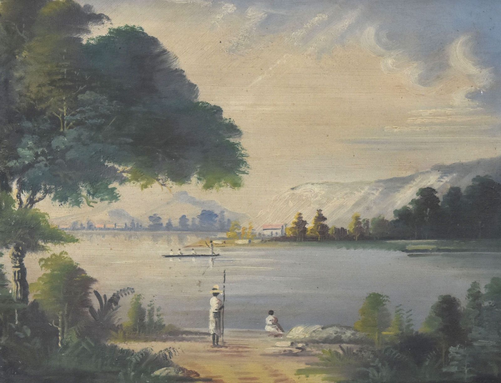 Africanist Lake Scene Painting With Fishermen Period 1900 photo furniture