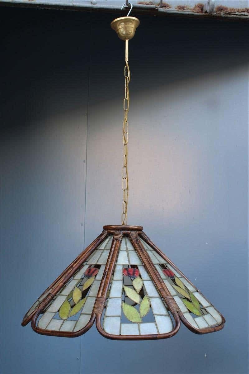 Dome Chandelier In Bamboo Italian Design 1970s Flowers photo for sale